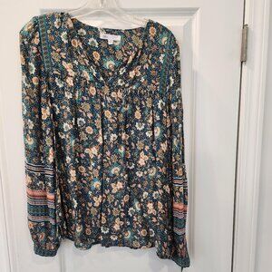 DR2 TEAL/BROWN BOHO VNECK BLOUSE MEDIUM